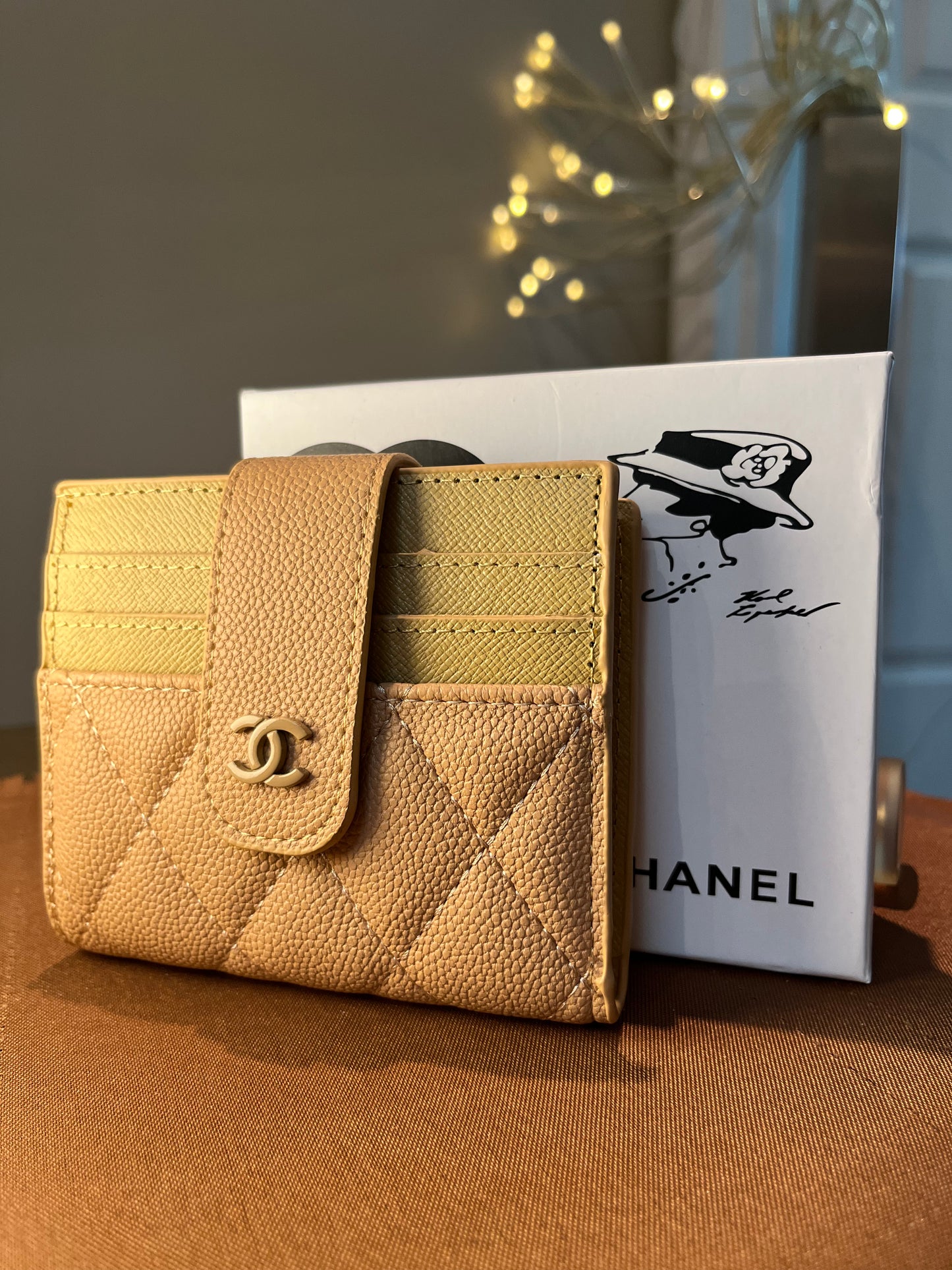 Chanel Compact Snap Women's Brown/Tan/Mustard Lambskin Leather Wallets