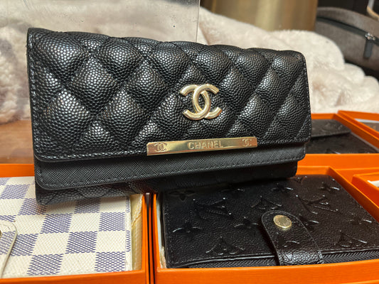 Chanel Long Women's Black Lambskin Caviar Leather Wallet