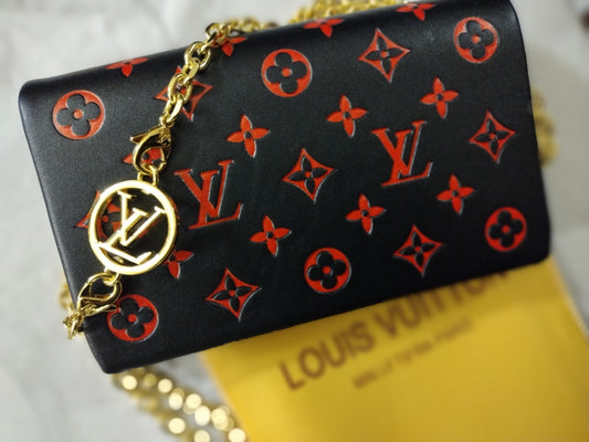 Black & Red Embossed Long Gold Chain Louis Vuitton Clutch or Shoulder Purse