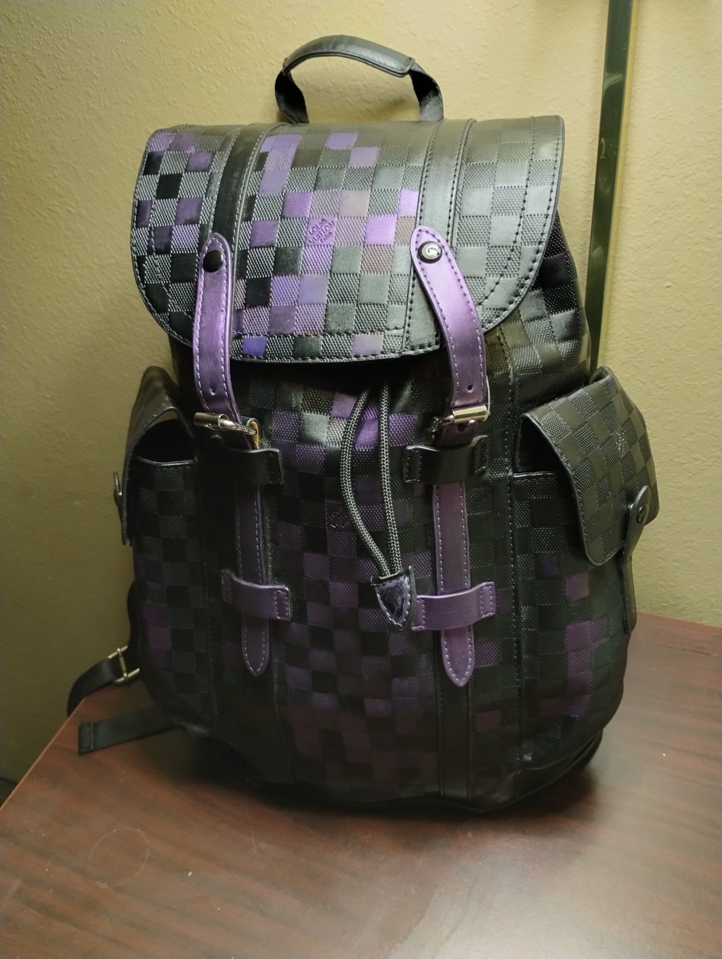 Black Backpack Embossed Backpack with Purple Metallic