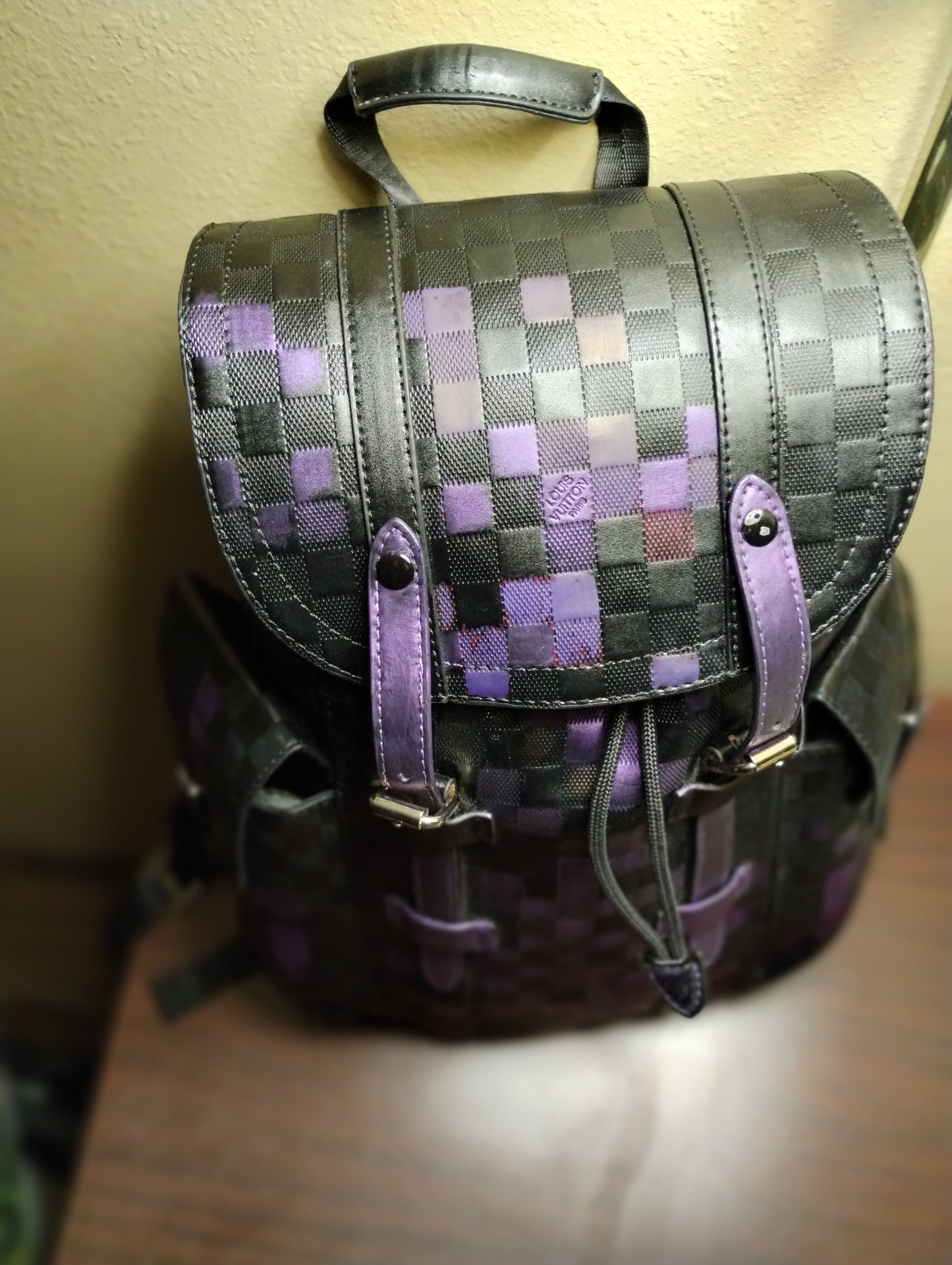 Black Backpack Embossed Backpack with Purple Metallic