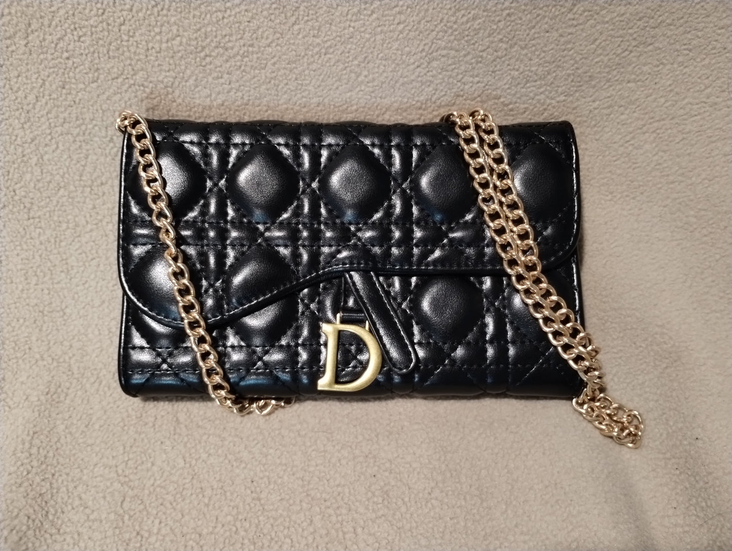 Black Lady Dior Stitched Leather Small Bag w/ Long Gold Chained