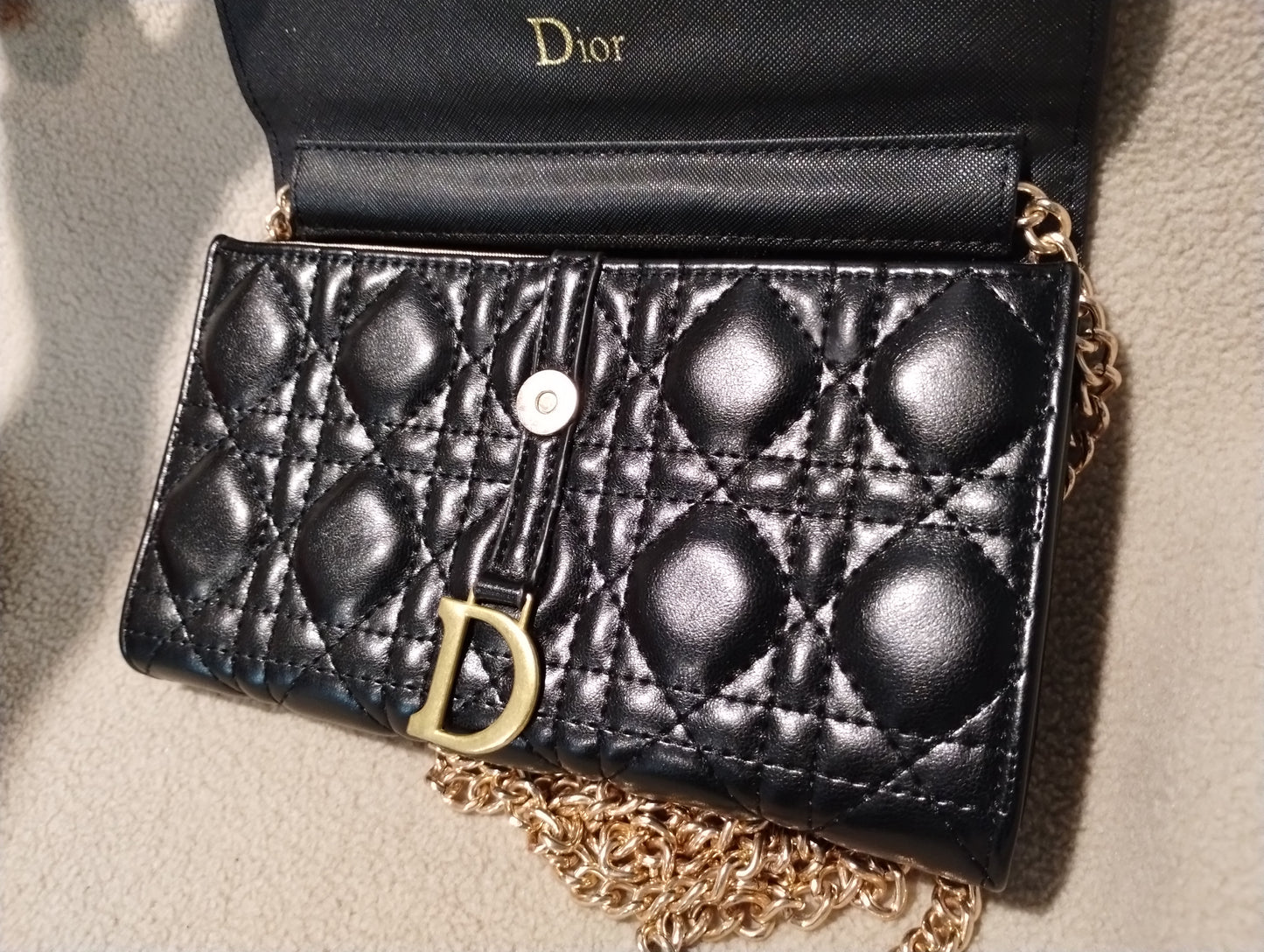 Black Lady Dior Stitched Leather Small Bag w/ Long Gold Chained