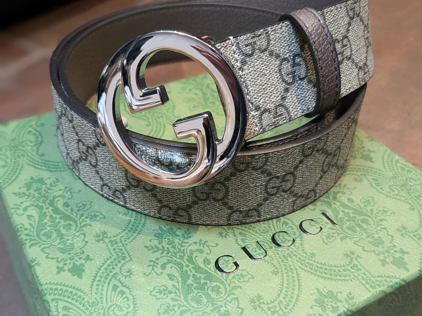 Preloved Gucci Silver Belt Buckle & Brown Monogram Canvas & Leather Belt Strap